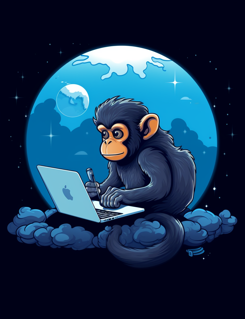 Cool monkey browsing internet with grey moon backdrop