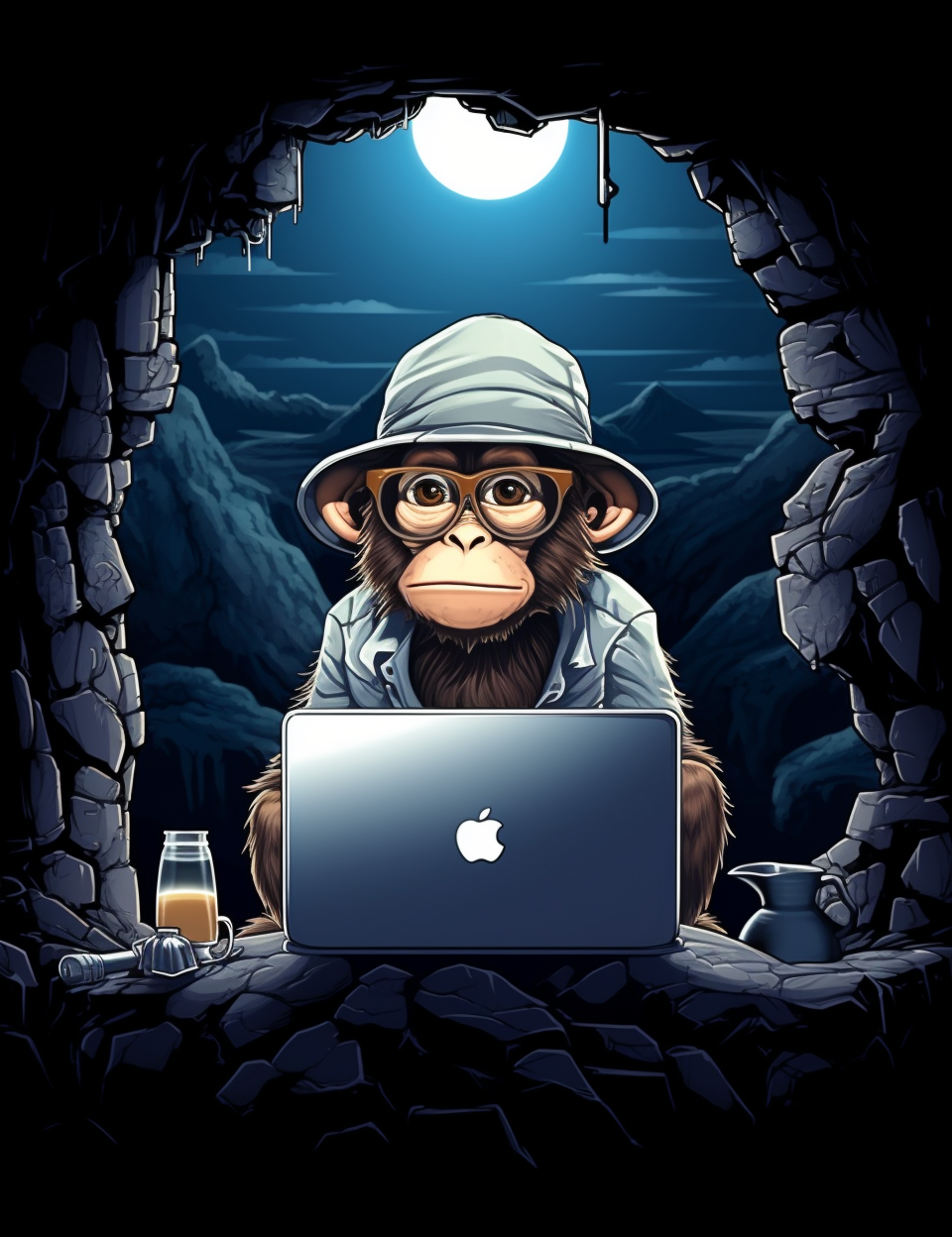 Cool monkey with hat and glasses browsing internet