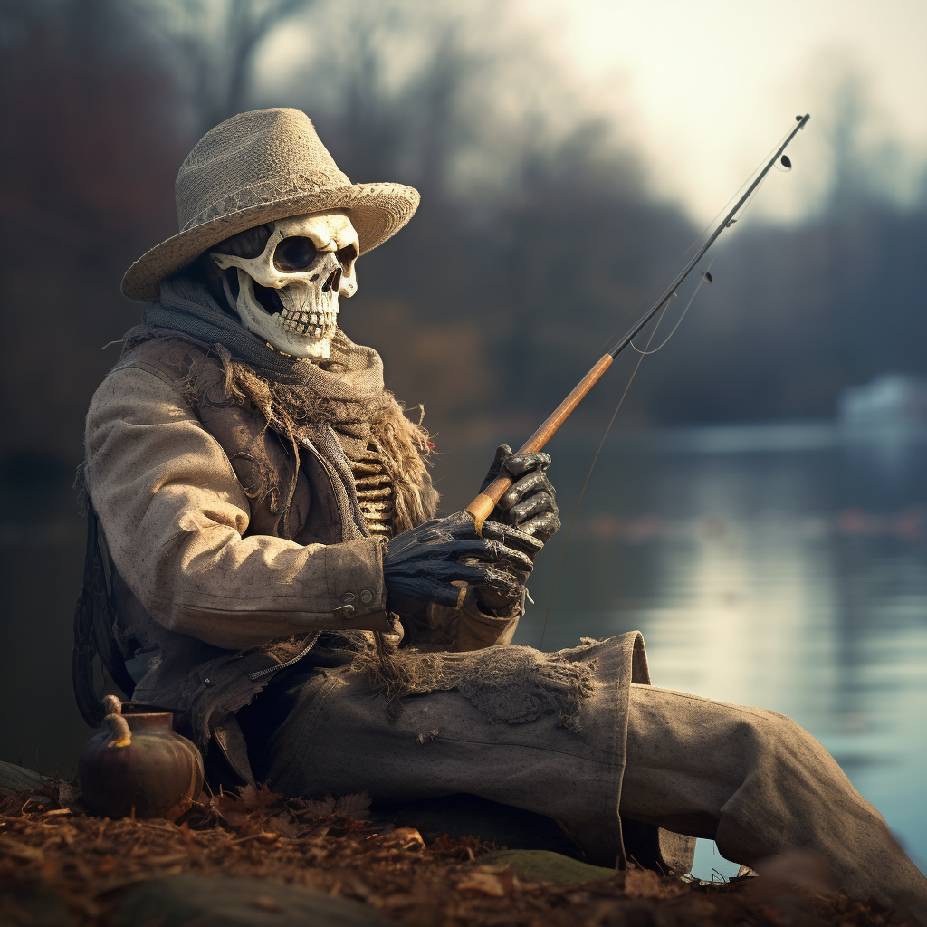 Skeleton wearing fishing hat