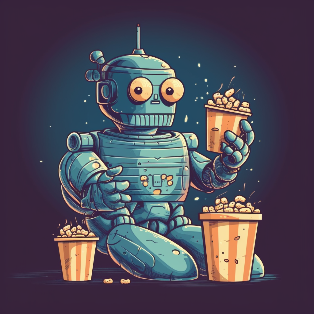 Cool robot enjoying a movie with popcorn