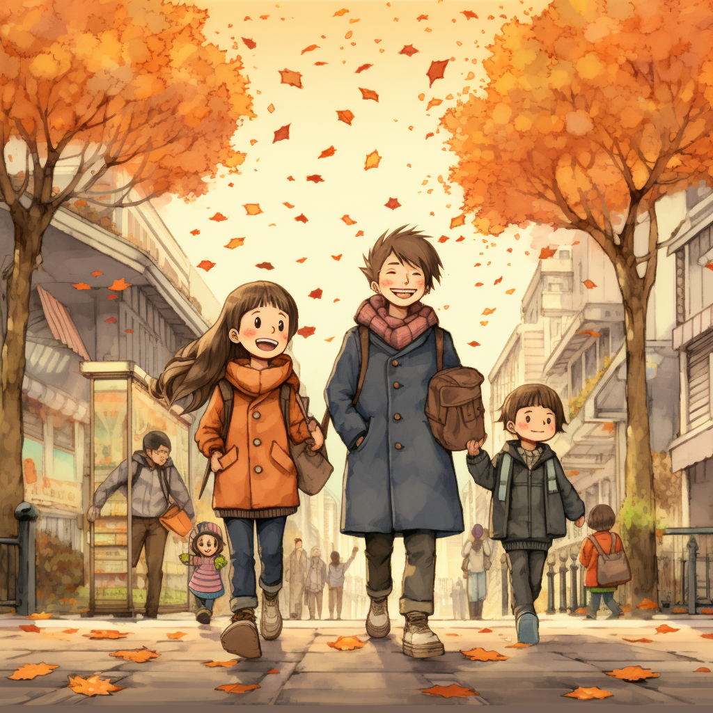 Smiling Japanese Family Walking on the Street