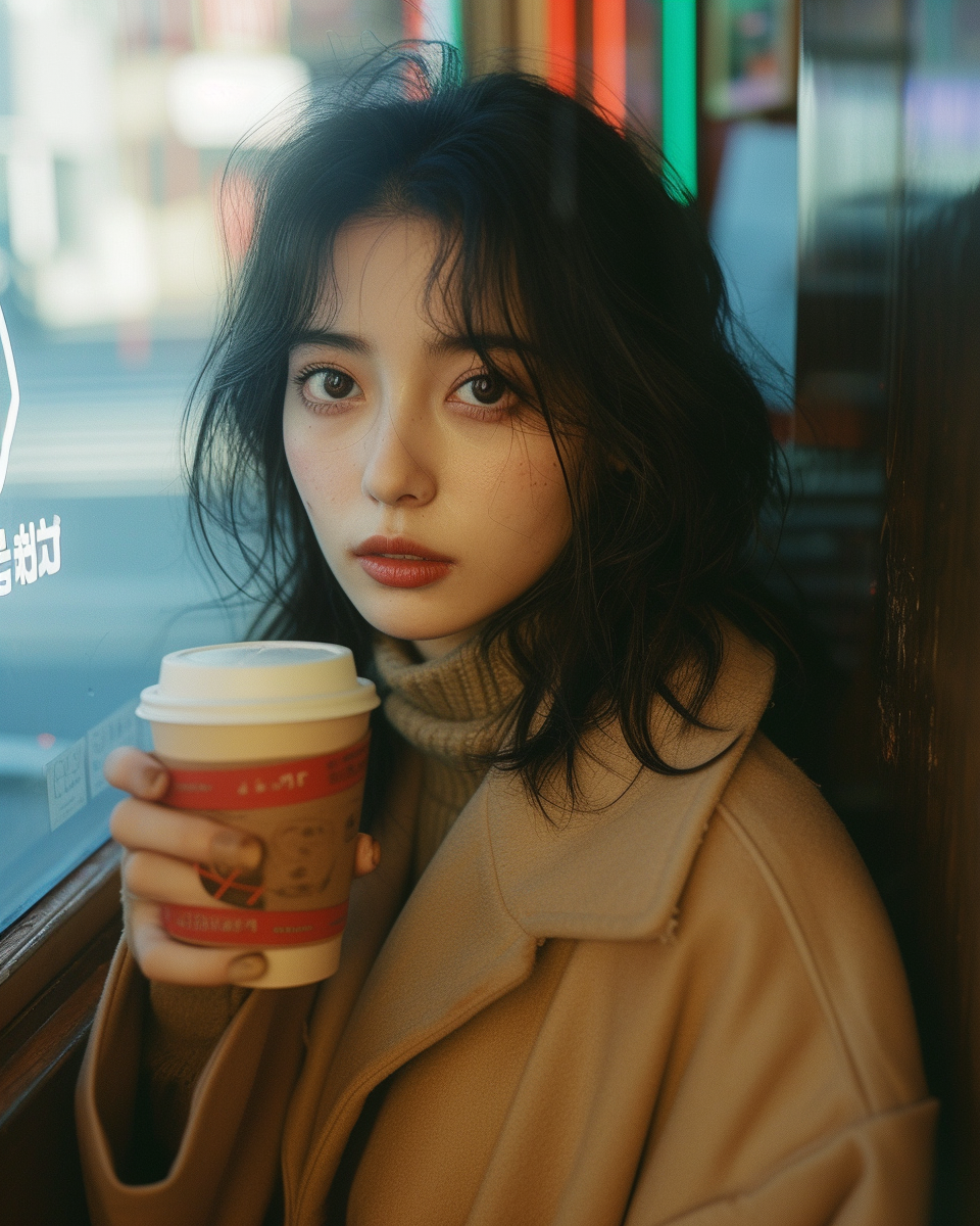 fashionable japanese woman drinking coffee