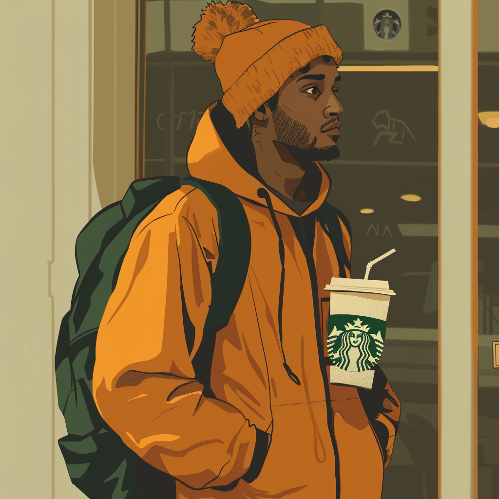 Cool guy meeting friend at Starbucks