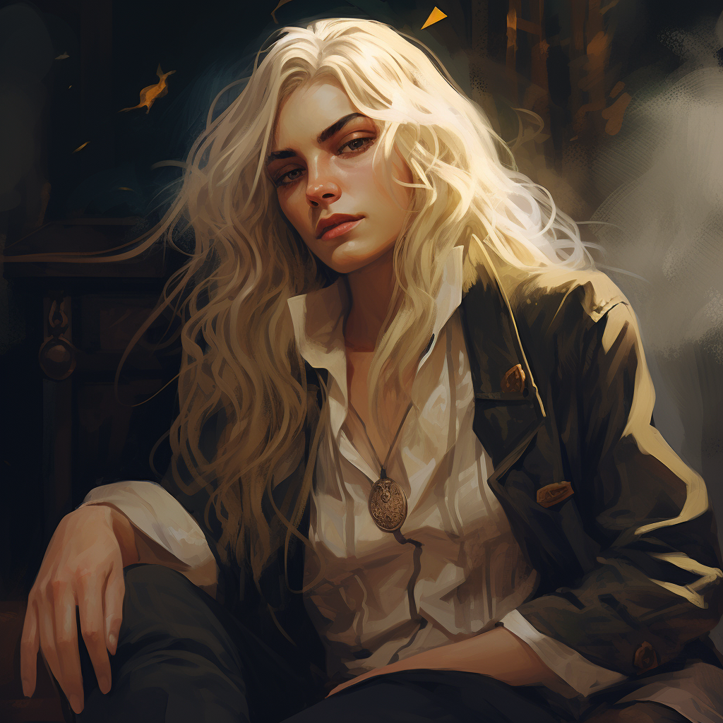 Stylish non-binary wizard with long blonde hair