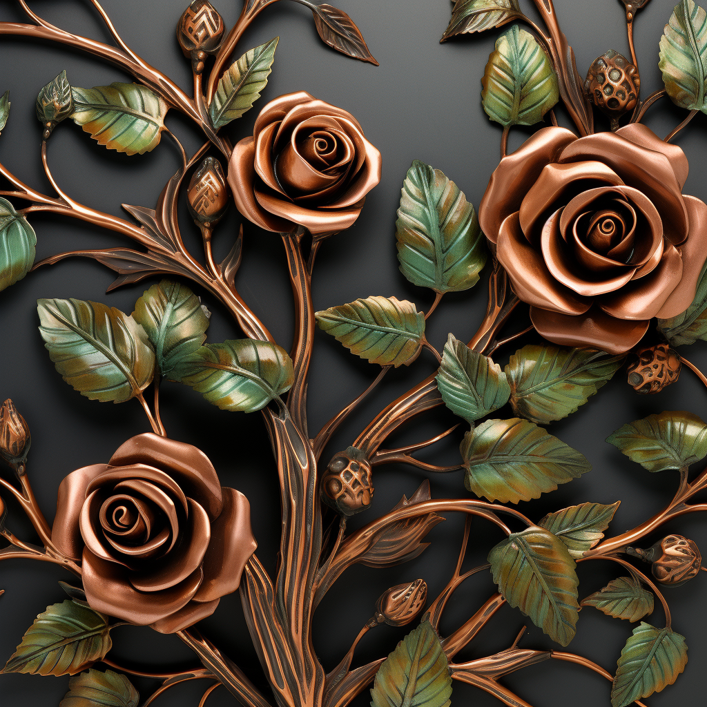 Copper Metal Sculpture Rose Leafs Creepers Wall Panel