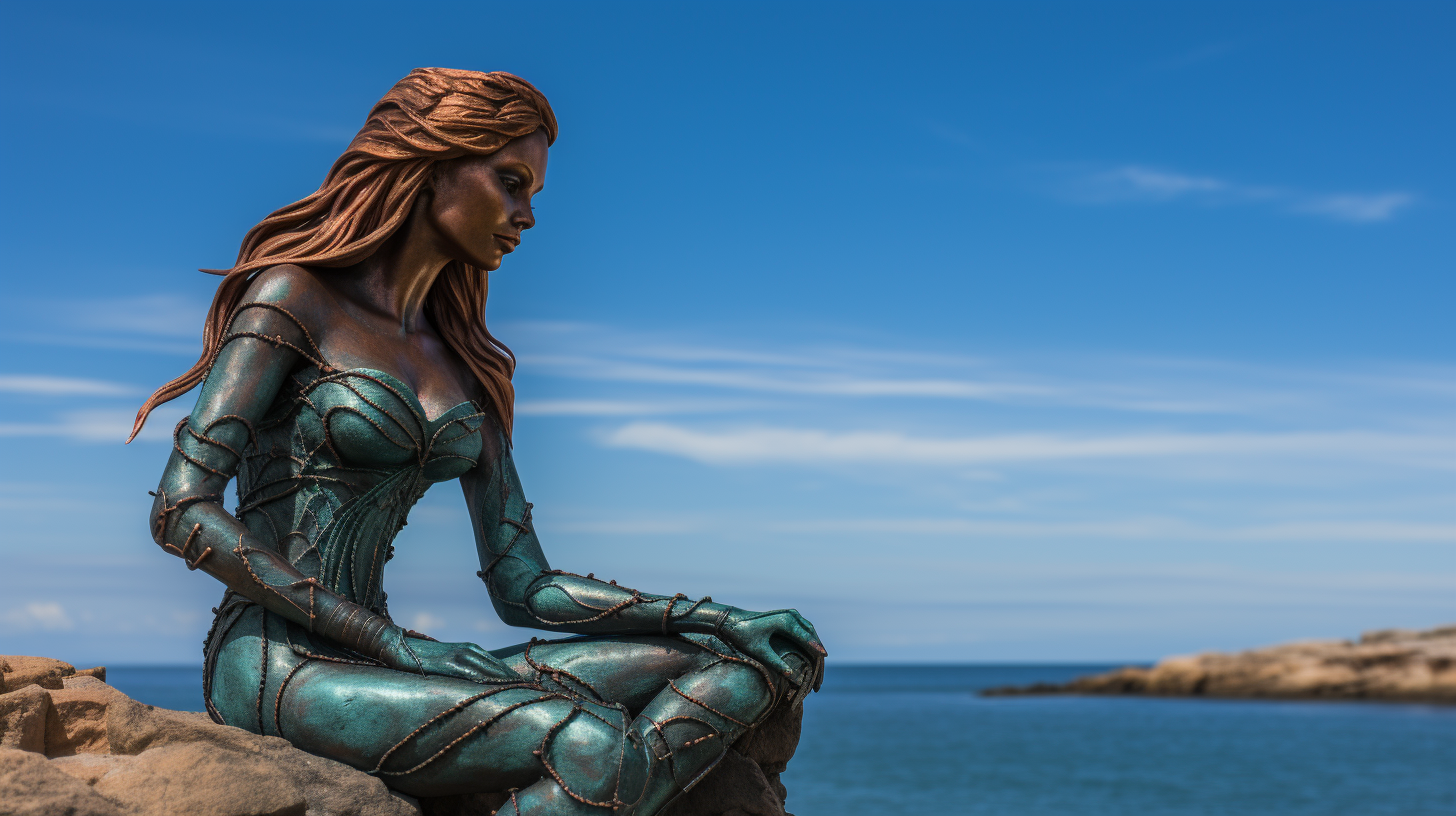 Copper Patina Mermaid Statue on Rock with Sailing Ship