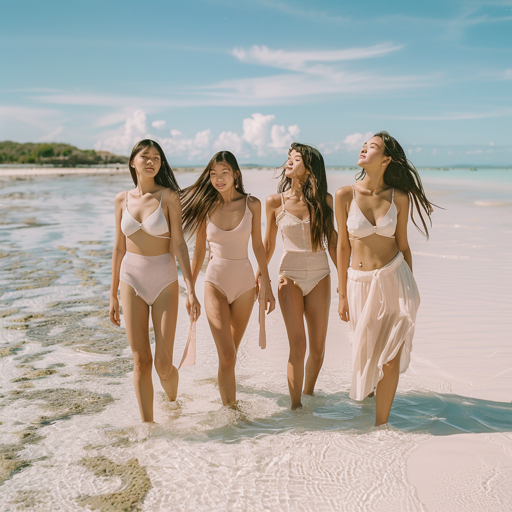 Four models walking on Coral Island beach in PENTI beachwear