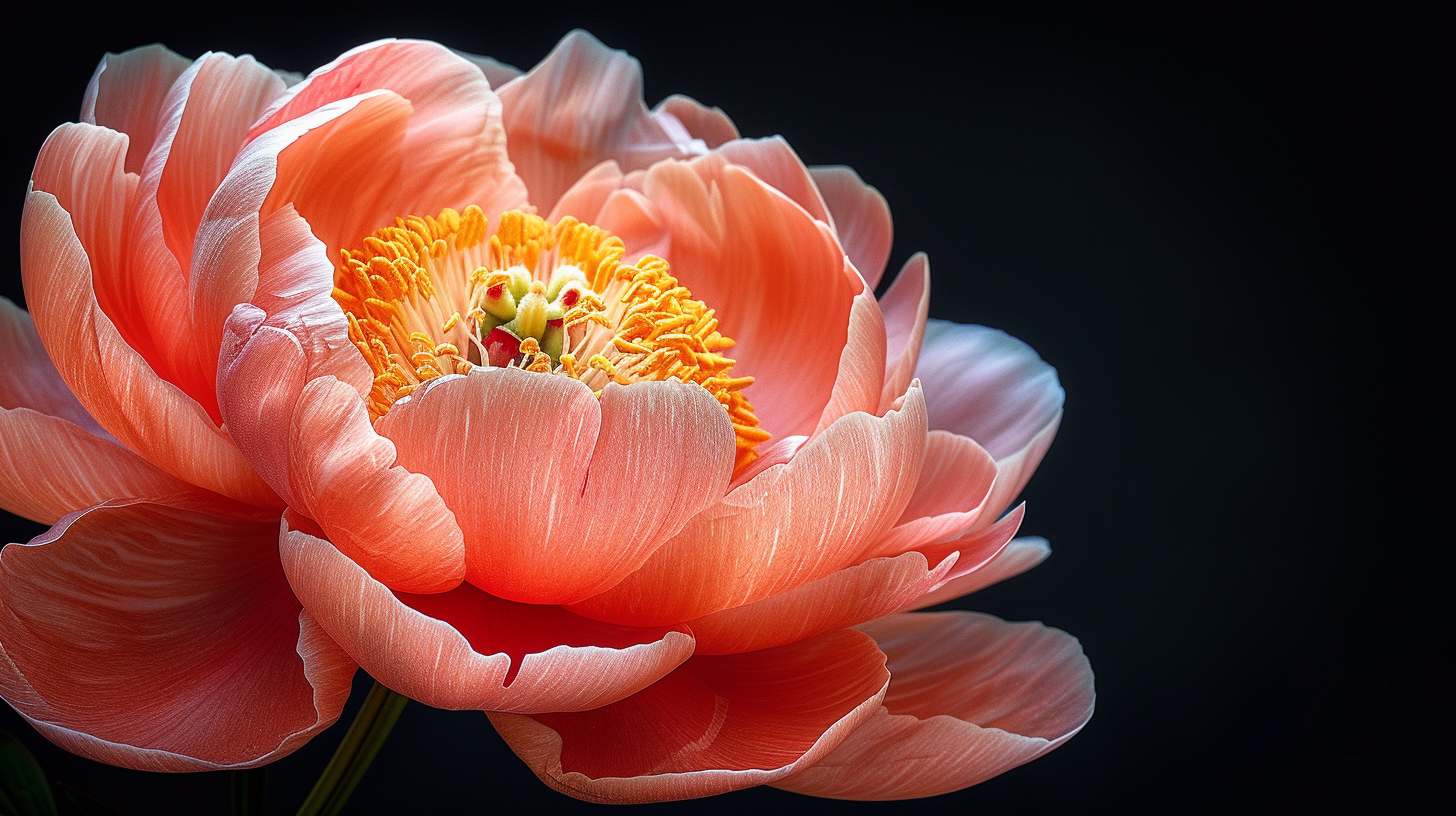 Coral Peony Bloom Petals Stamens