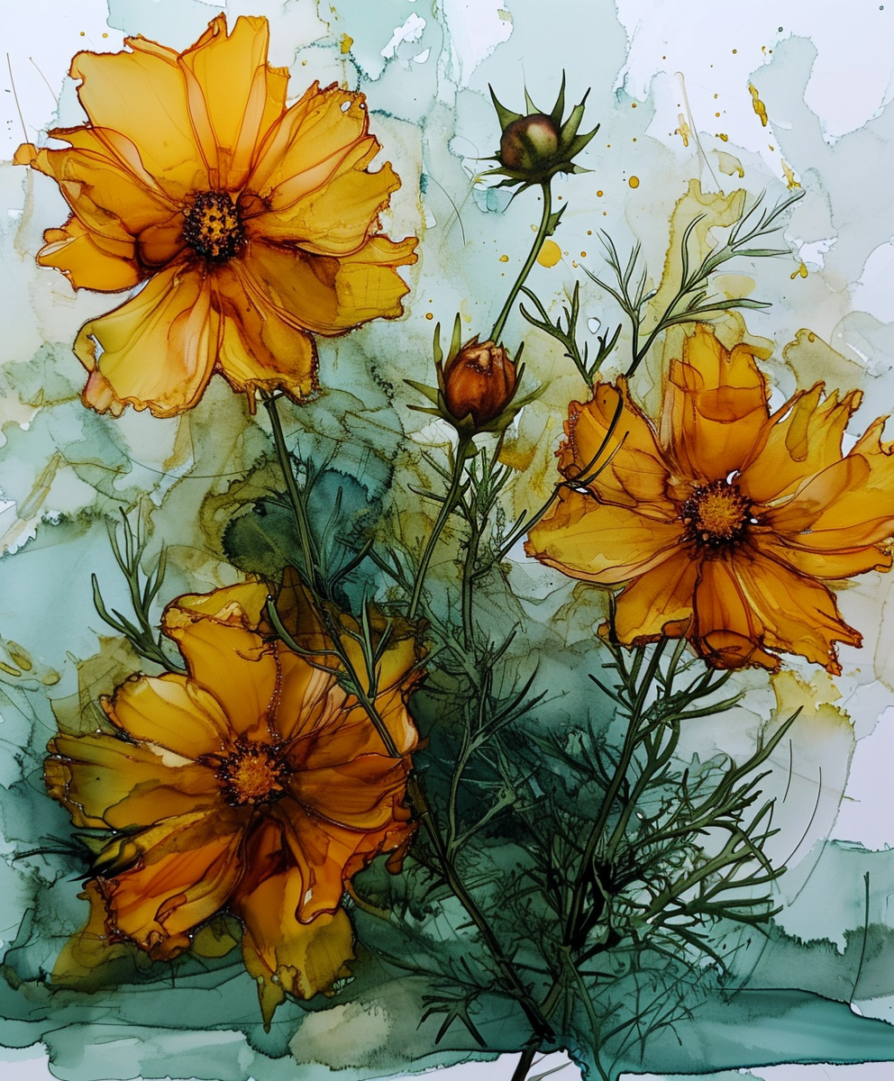 Vibrant Coreopsis Flowers in Alcohol Ink