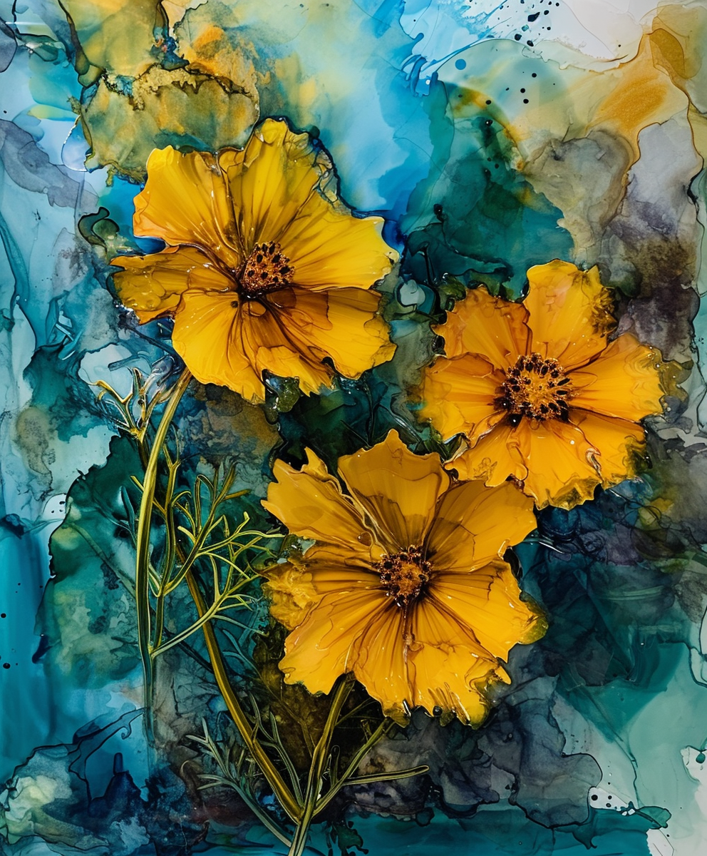 Colorful Coreopsis Lanceolata Flowers in Alcohol Ink