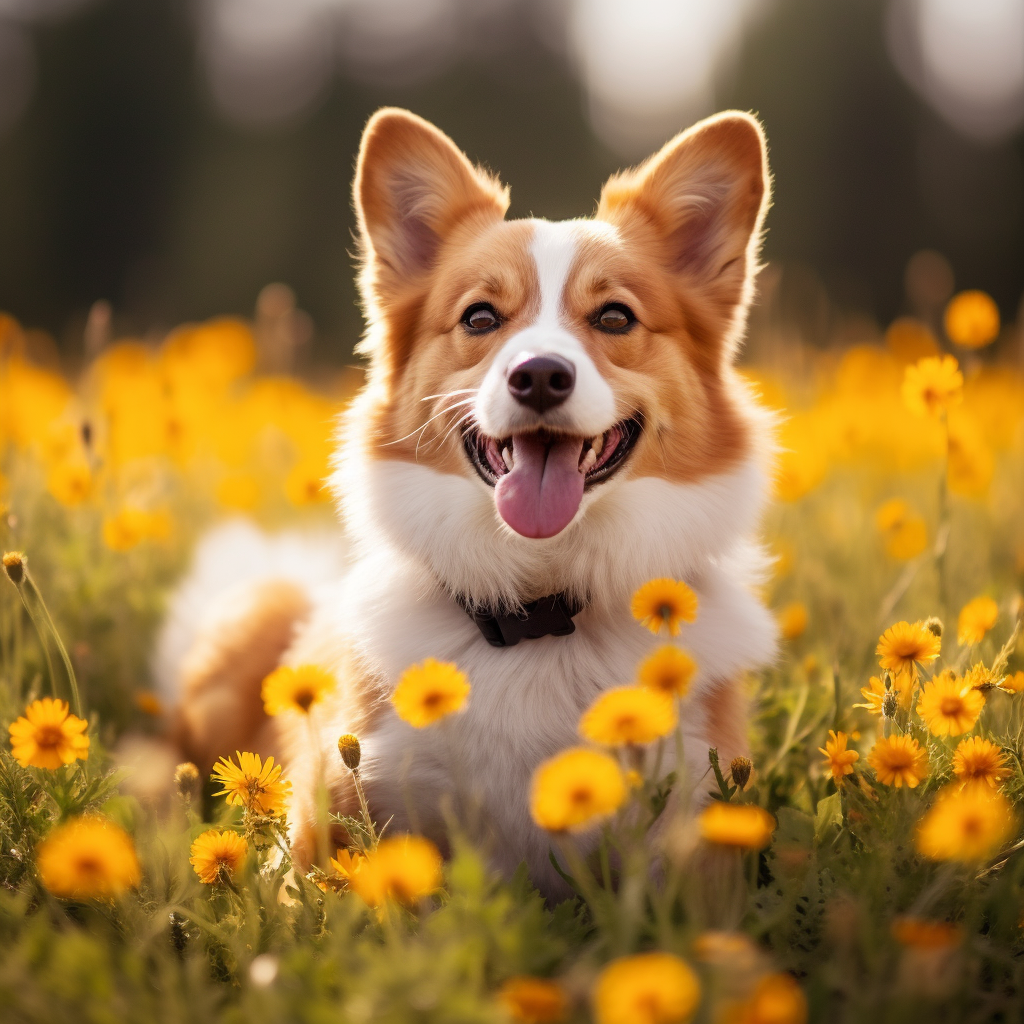 Cute Corgi-Australian Shepherd Dog in Dandelion Field