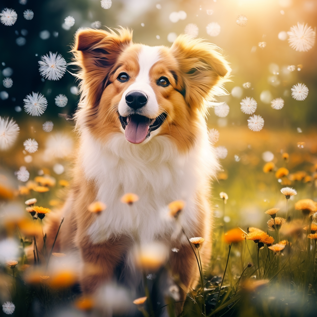 Cute Corgi Australian Shepherd Mix in Dandelion Field