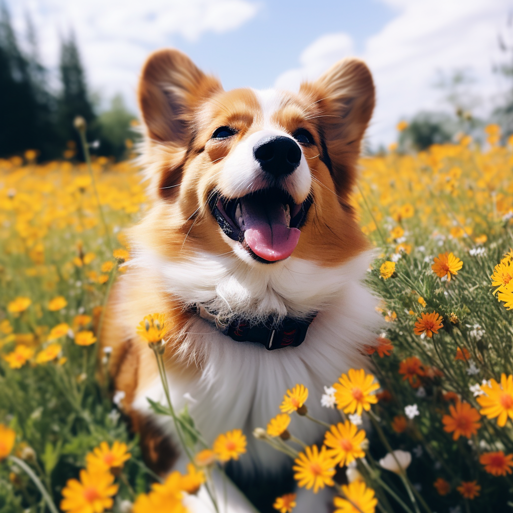 Corgi Australian Shepherd Mix in Dandelion Field