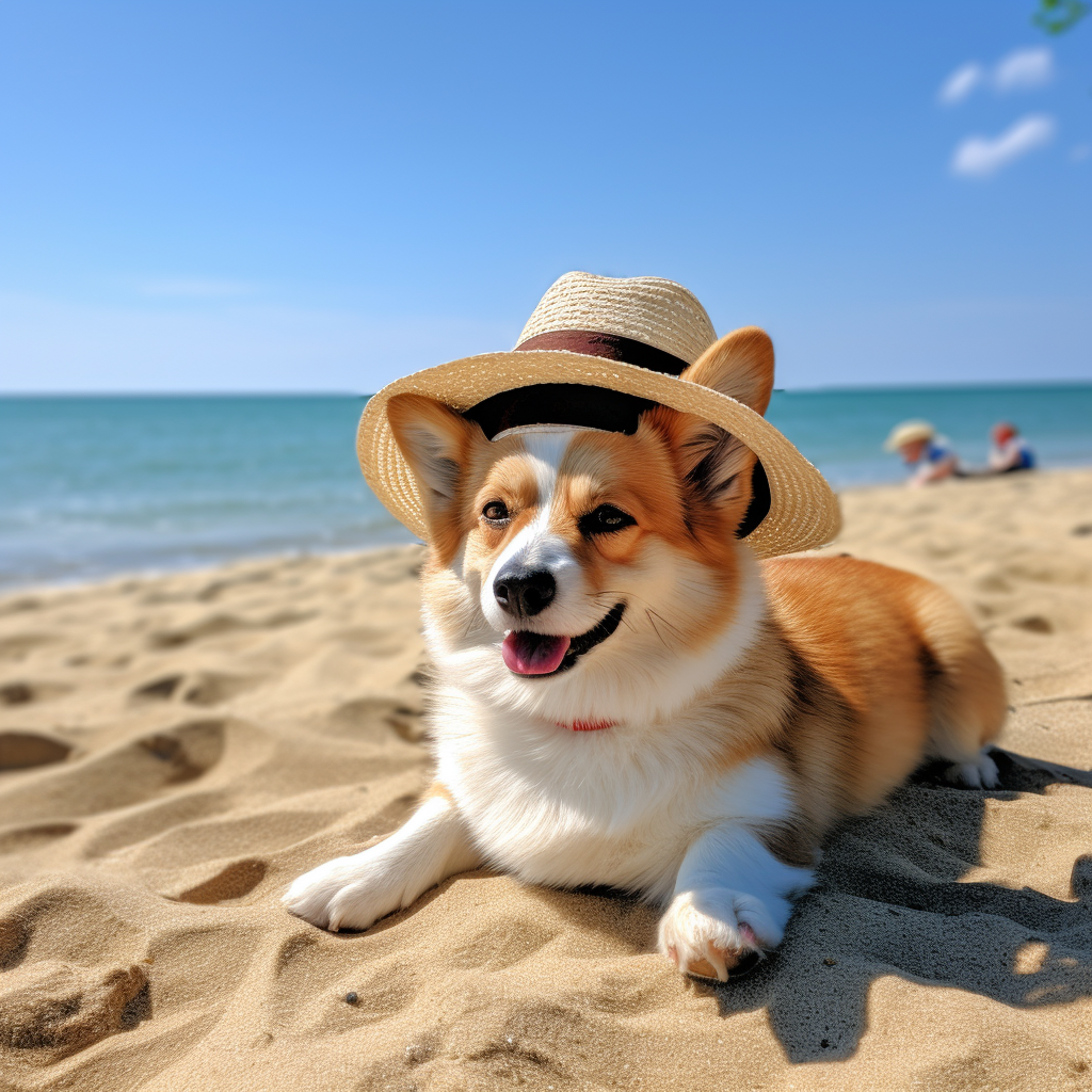 Corgi chilling on beach with hat