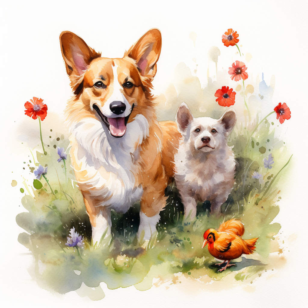 Watercolor painting of corgi and chicken in spring meadow