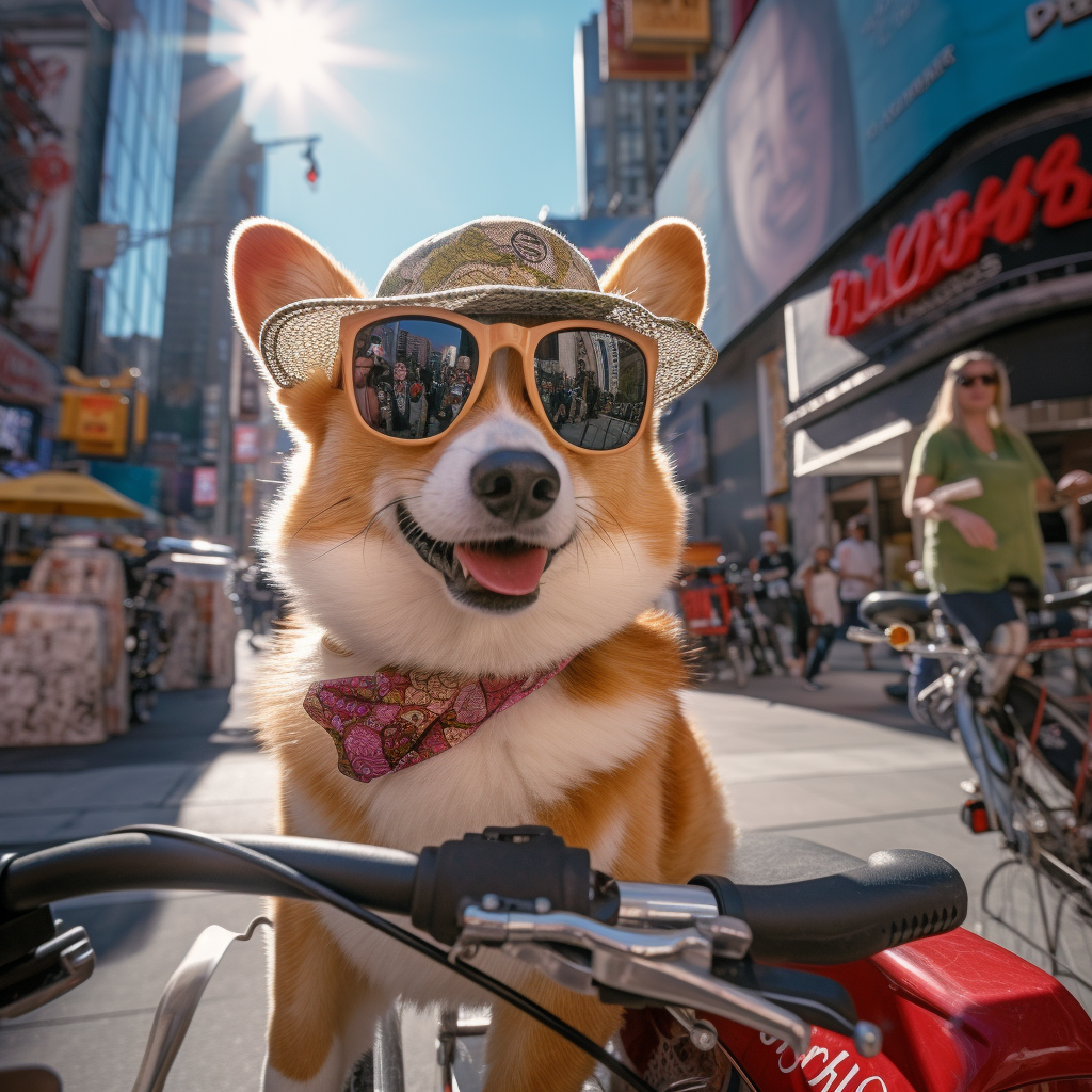 Corgi dog biking in Times Square