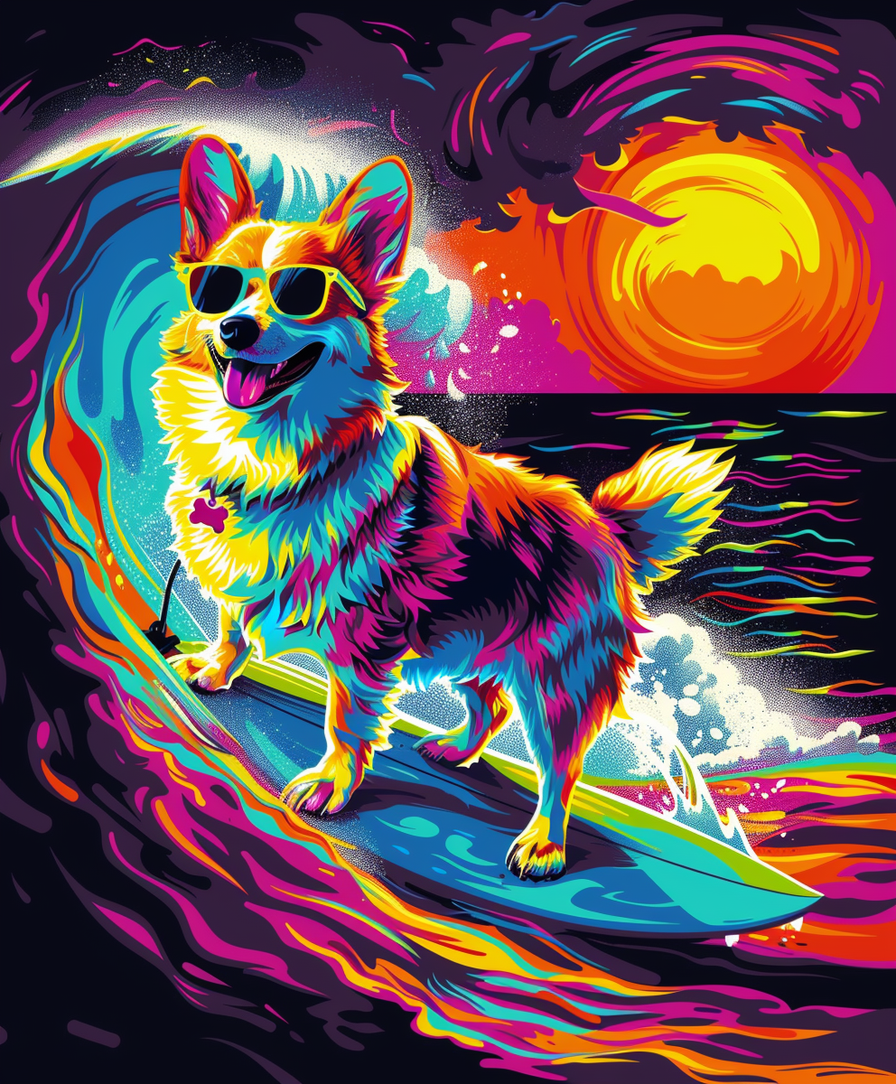 Corgi Dog Surfing Rainbow Wave