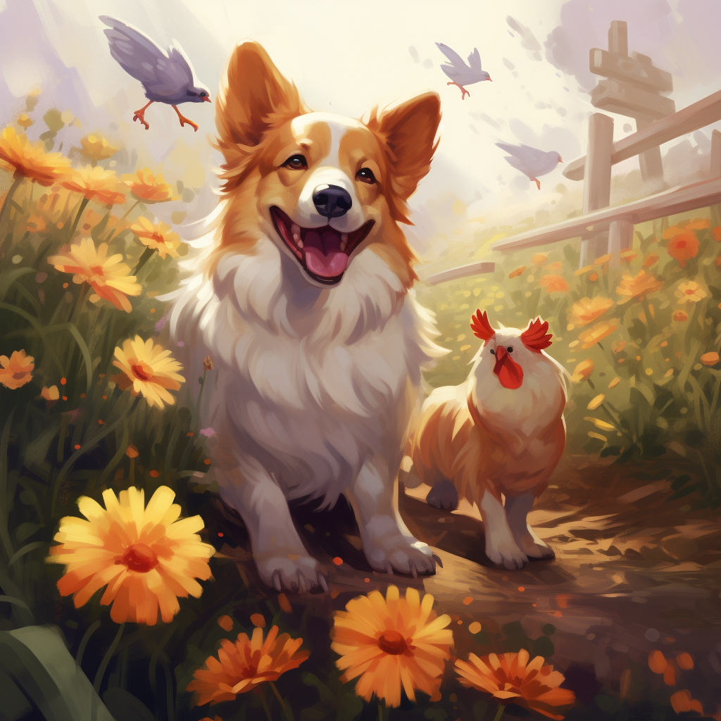 Corgi and Rooster Smiling in Meadow