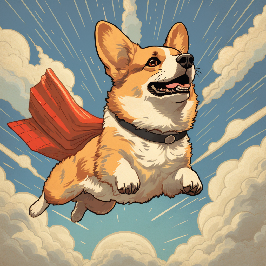 Playful corgi soaring through skies