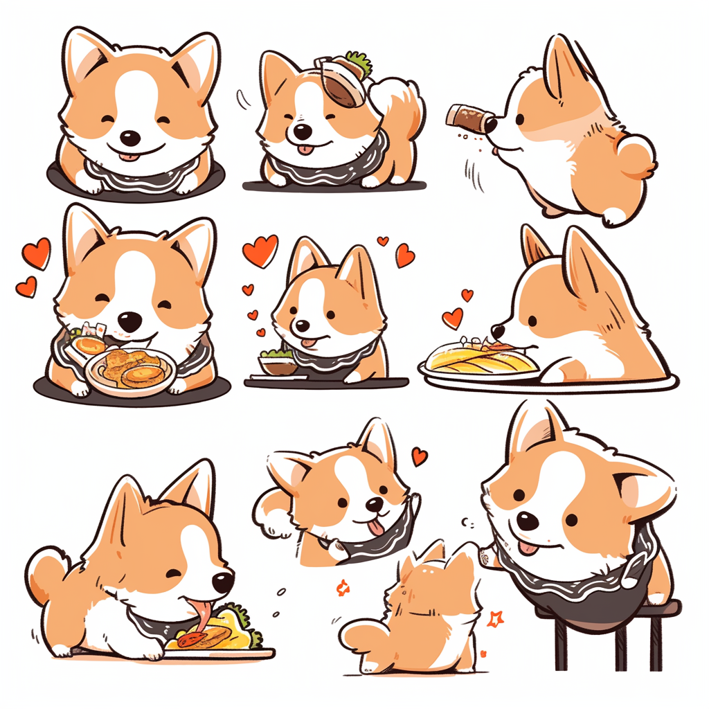 Corgi enjoying tasting food in restaurant attire