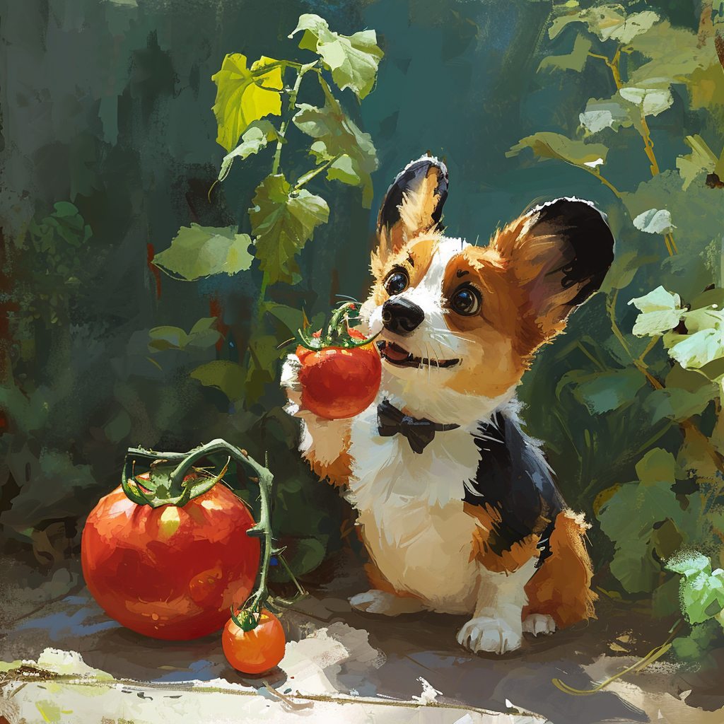 Adorable Corgie Photographing Tomato and Mickey Mouse