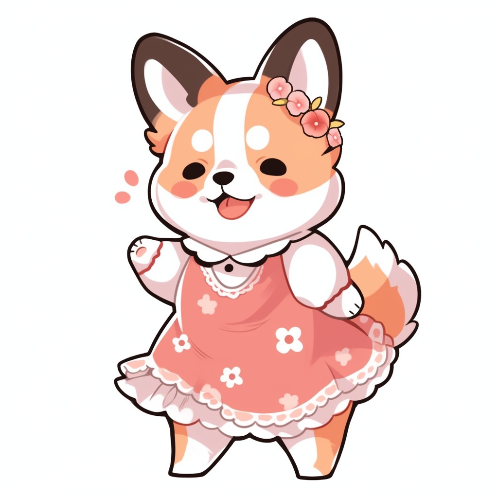 Happy corgi waving in casual dress