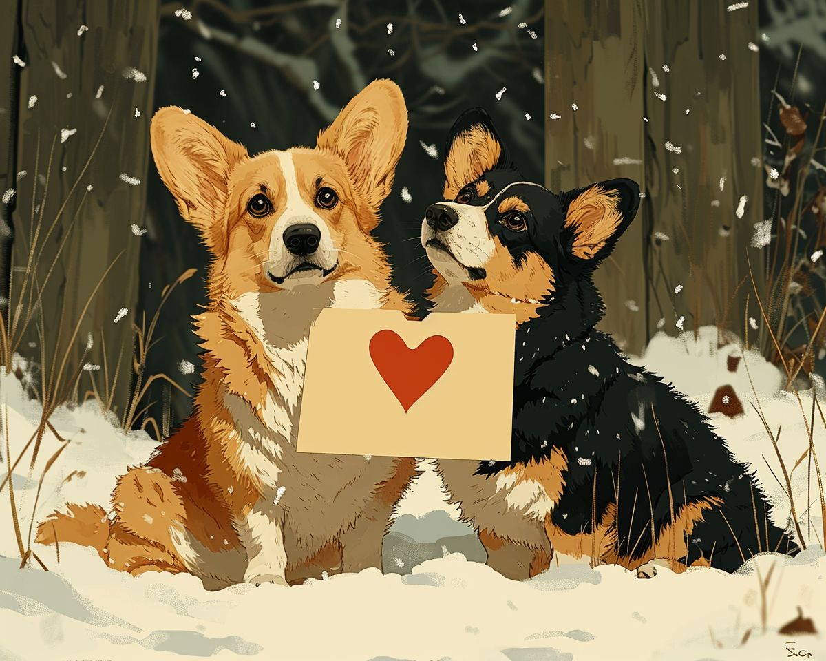 Corgis holding heart-shaped sign in snow