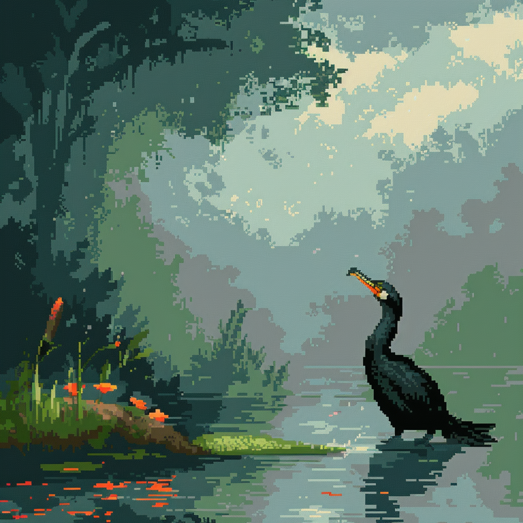 Pixel art of cormorant fishing