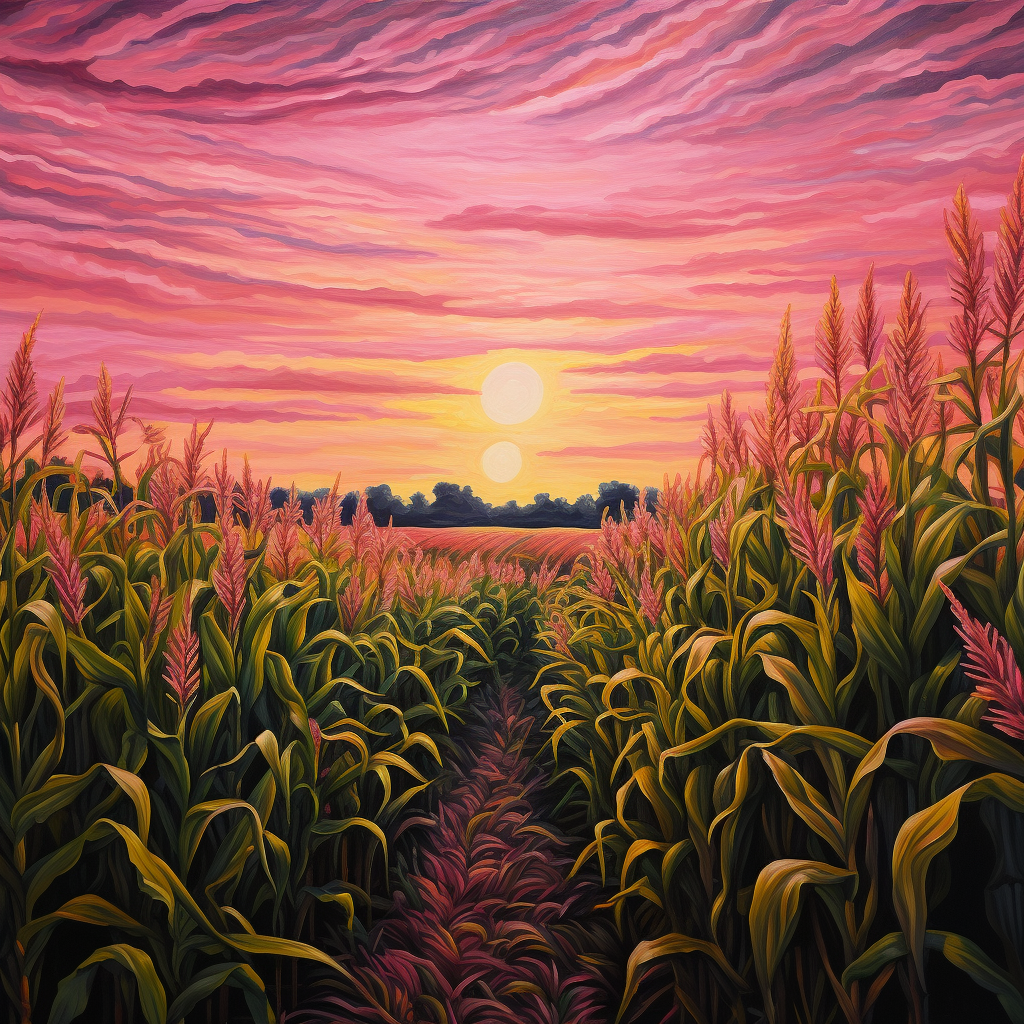 Vibrant pink sunset over detailed corn field painting