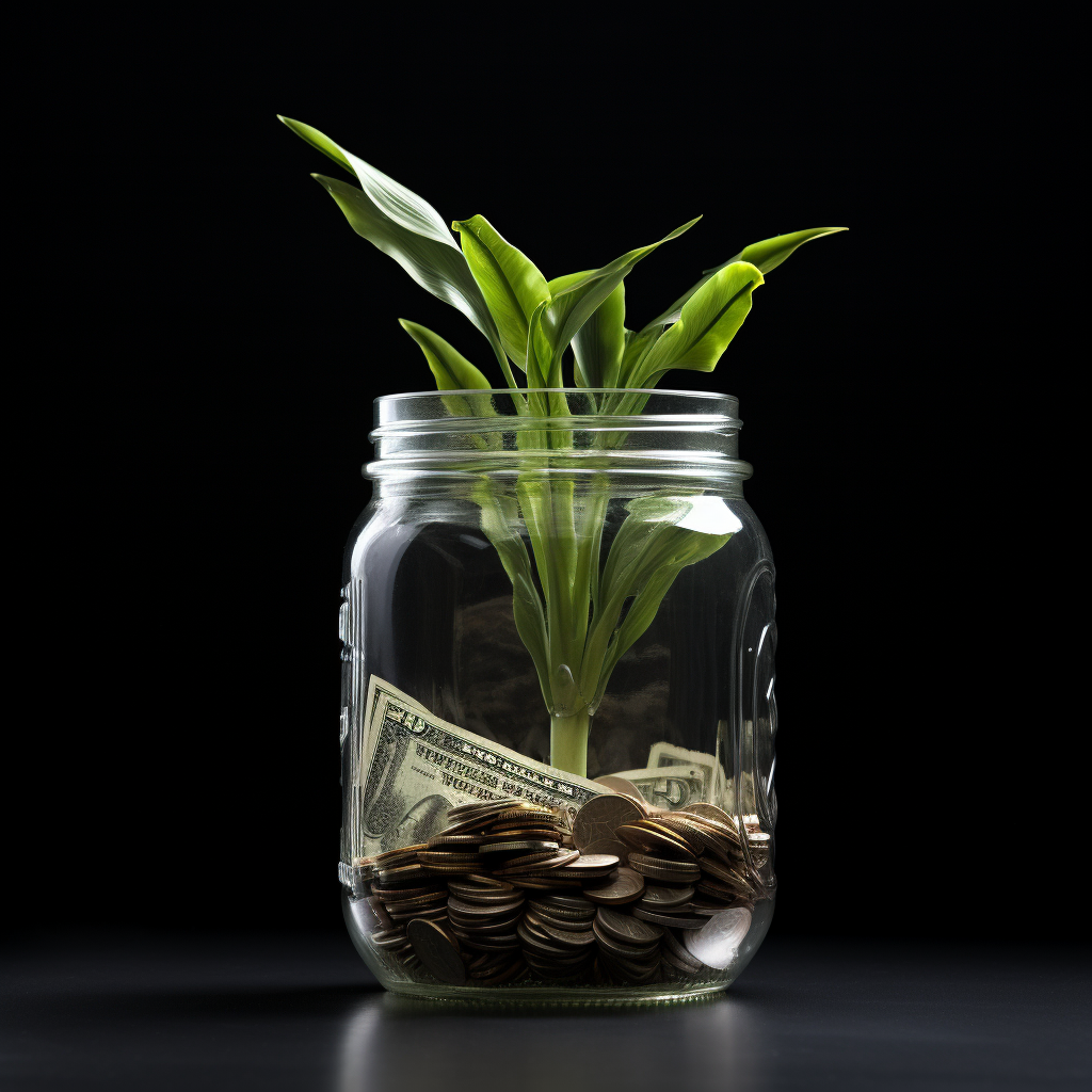 Corn plant growing money in jar