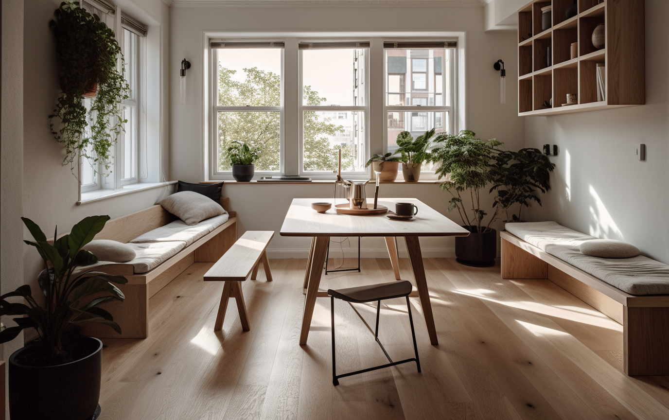 A room with corner bench seating, wood table, and spider plants