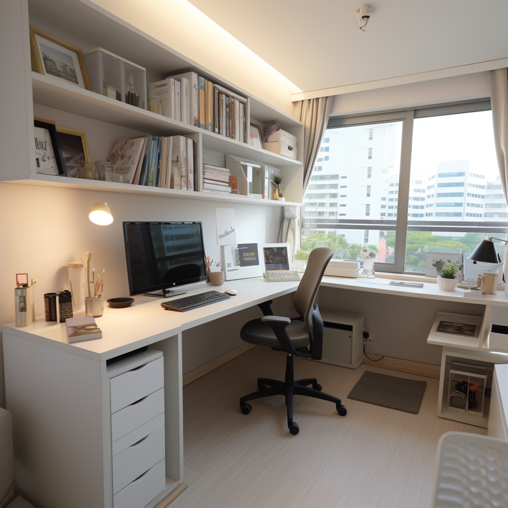 Spacious white corner office with Muji-style desk