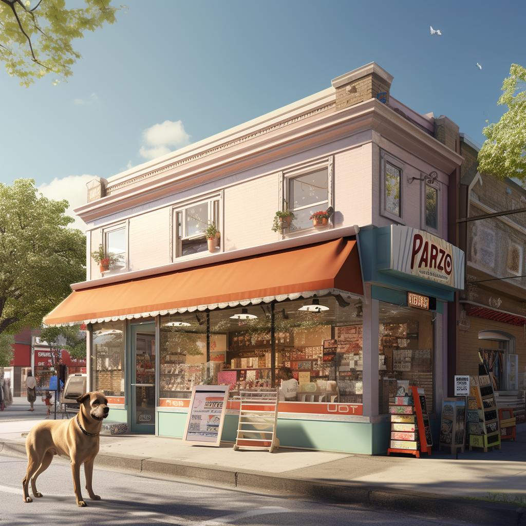 Front view of corner store with dog park