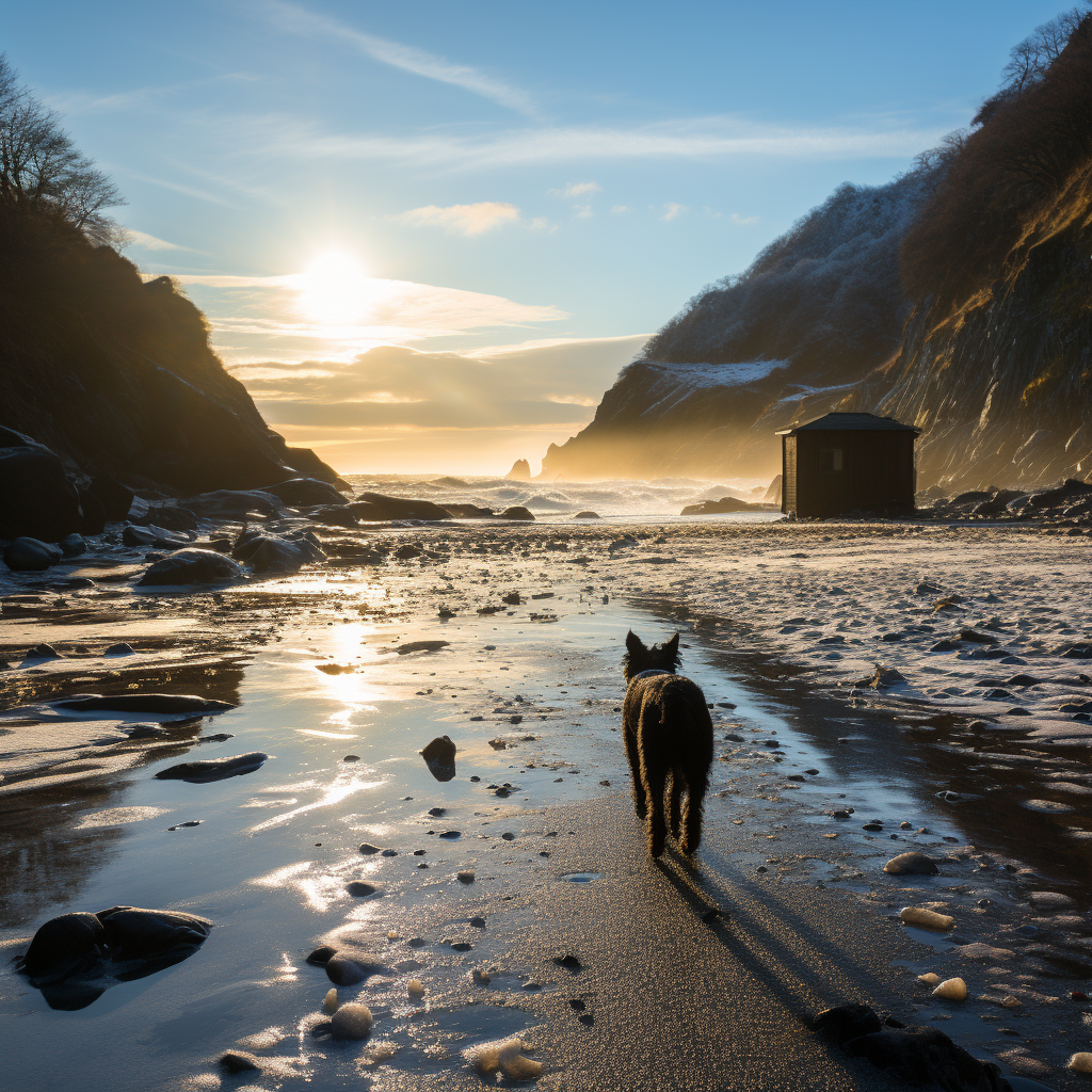 Lone dog walking on Cornish beach in winter