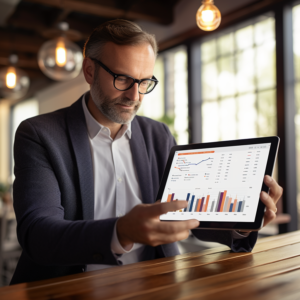 Corporate Executive using Data-Driven Dashboard on Tablet