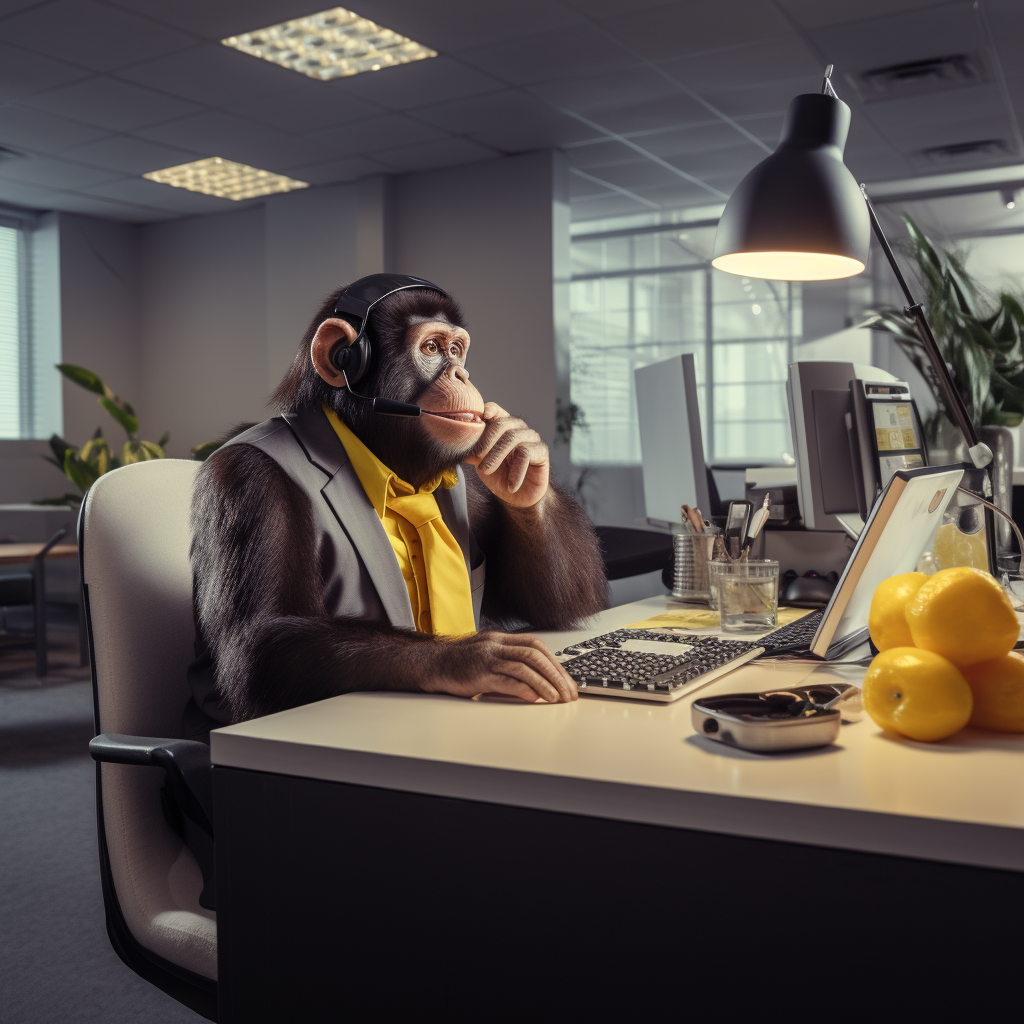 Corporate monkey in sales center talking on banana phone