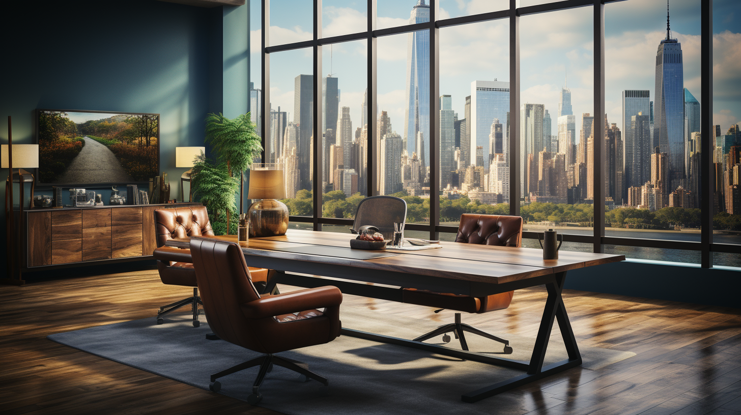 Corporate office decor with table, leather chairs, city view, and TV