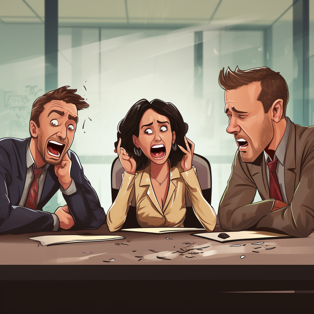 Corporate training meeting with happy man and upset women