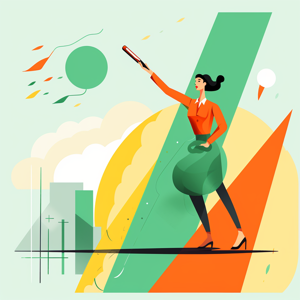 Woman holding giant pencil and notebook