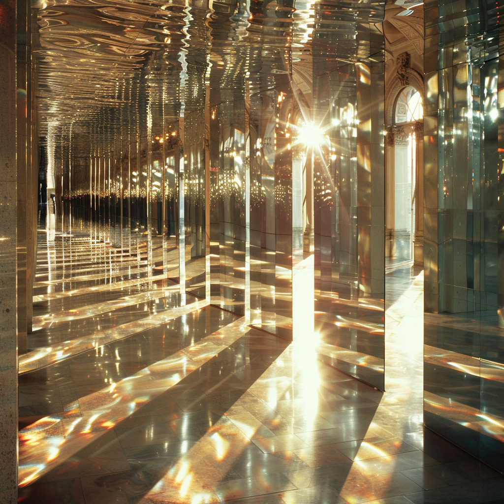 Hallway filled with reflective mirrors