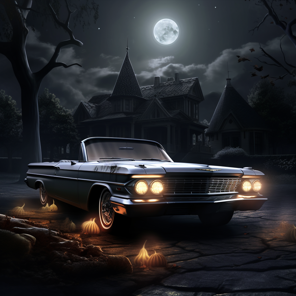 Haunted mansion with Corvair convertible