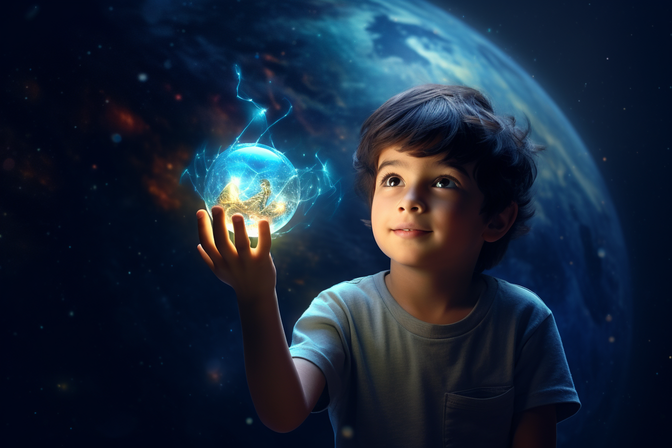 Little boy amazed by cosmic exploration  ?