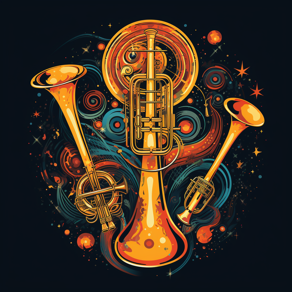 Psychedelic brass instrument beings spreading love and oneness