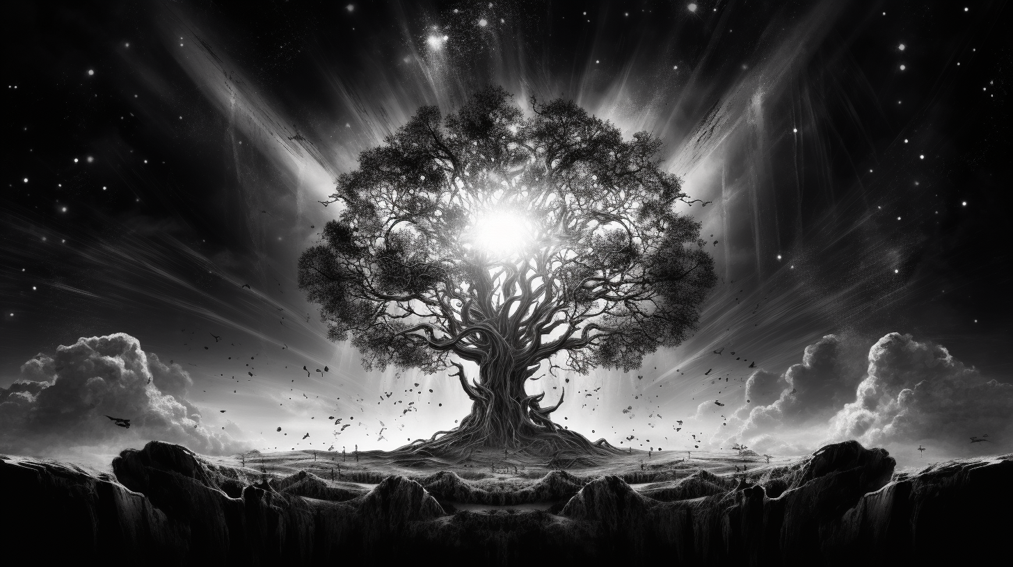 Black and white cosmic tree of life