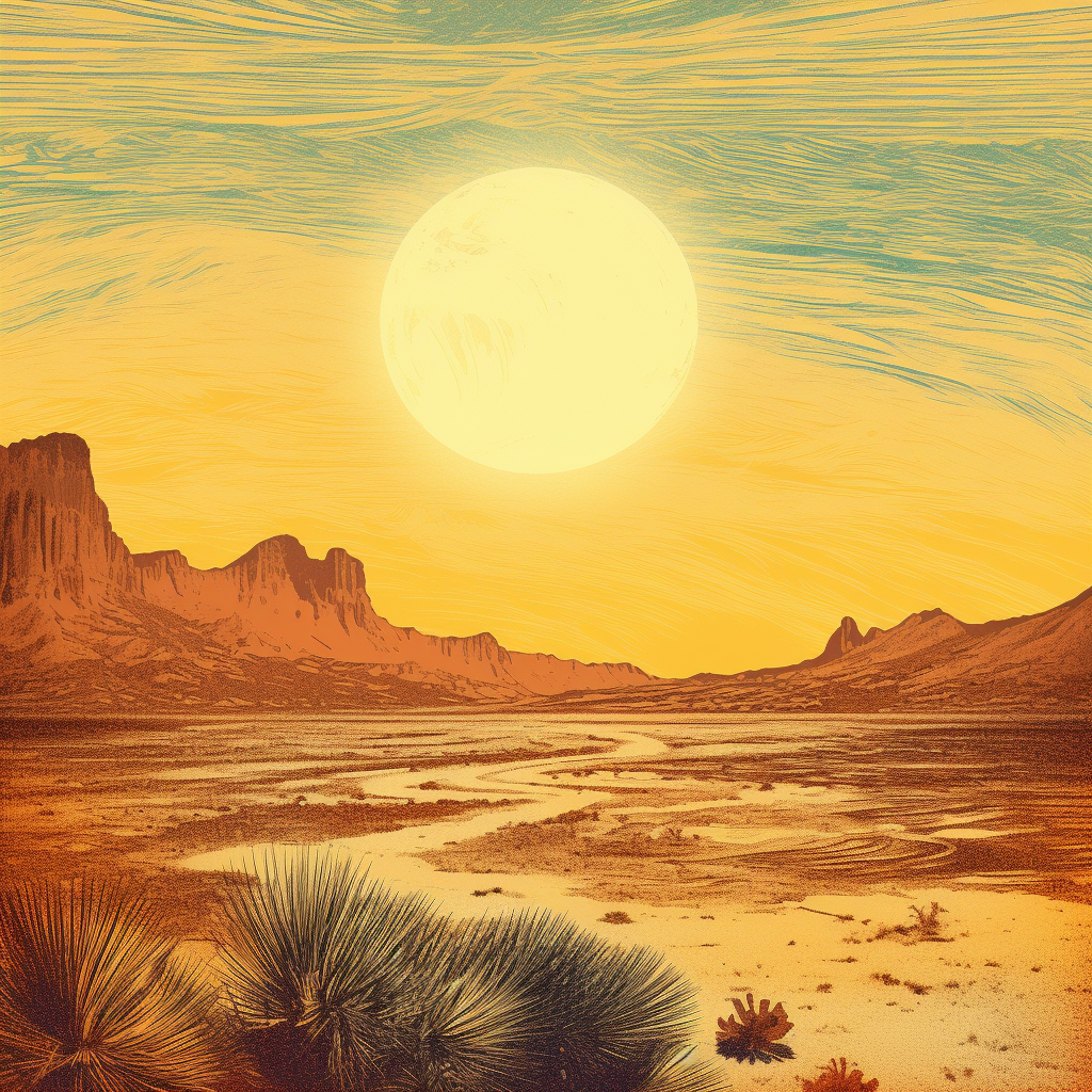 Cosmic desert with golden moon and colorful art