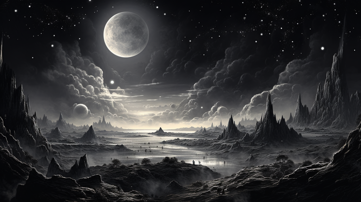 Black and white cosmic scene artwork