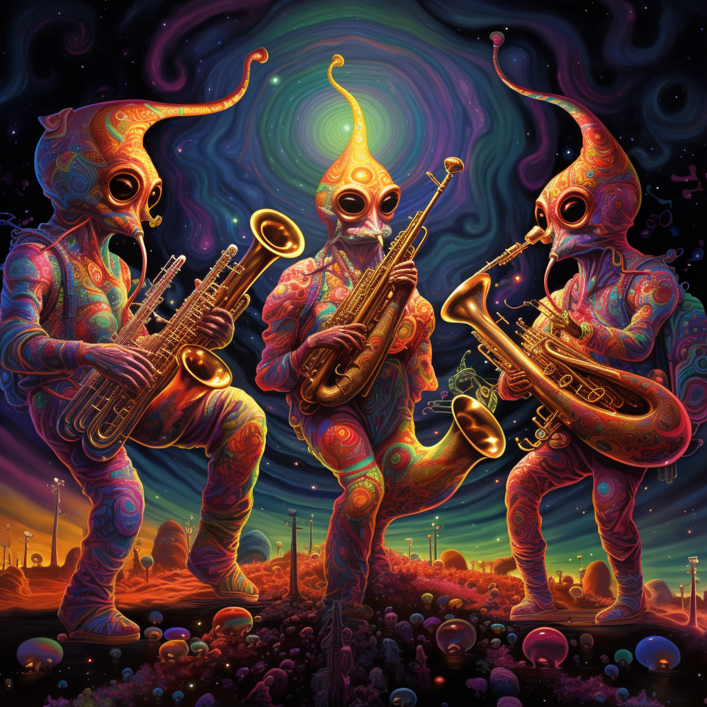 Psychedelic brass players in cosmic form