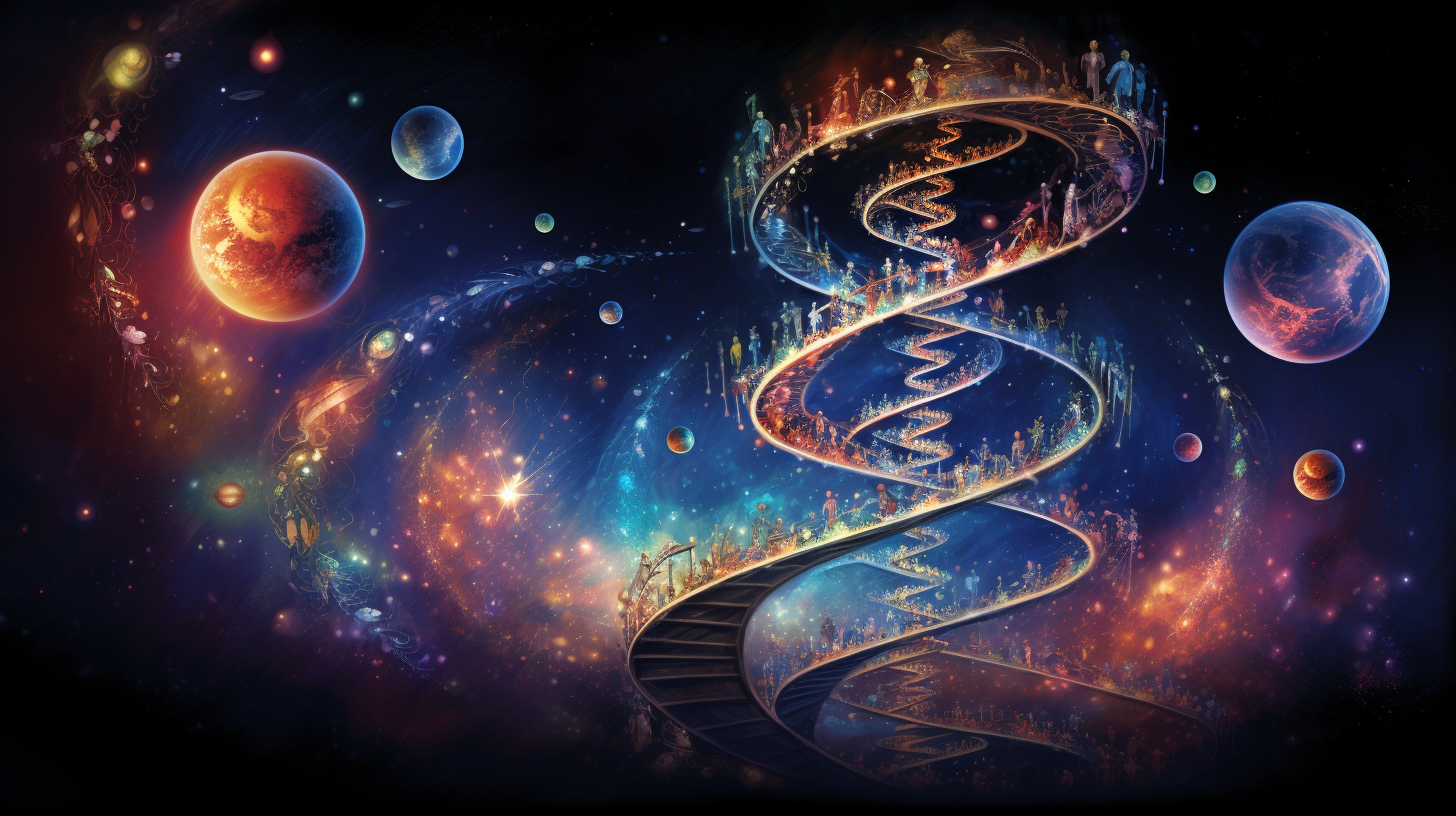 Cosmic DNA Helix surrounded by atoms, planets, plants, and animals