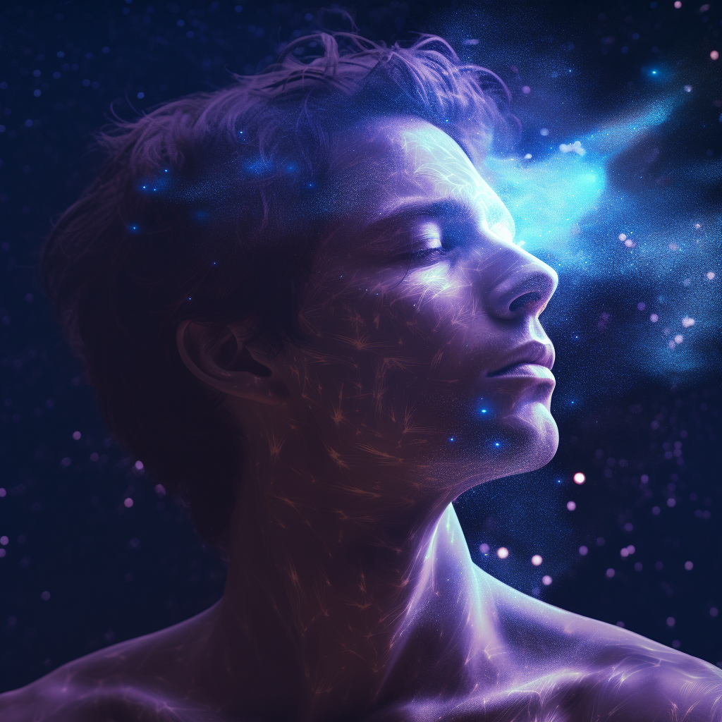 Male artist inspired by cosmic dust nebula