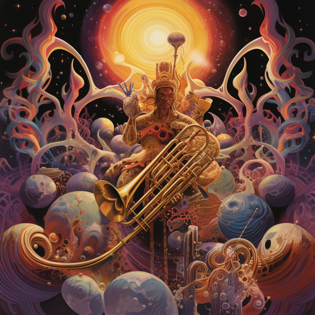 Psychedelic brass instruments creating cosmic music